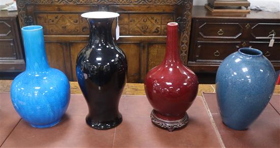 Three Chinese monochrome glaze vases and a robins egg glaze vase tallest 44cm